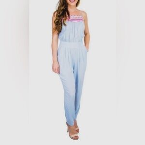 BCBG MAX AZRIA LIGHT BLUE PINK EMBROIDERED SLEEVELESS JUMPSUIT Sz M